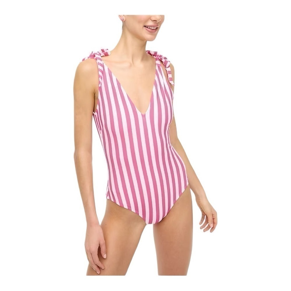 NWT! J. Crew Wild Berry White Striped Tie-Shoulder One-Piece Swimsuit. Size 3X. - Picture 2 of 8